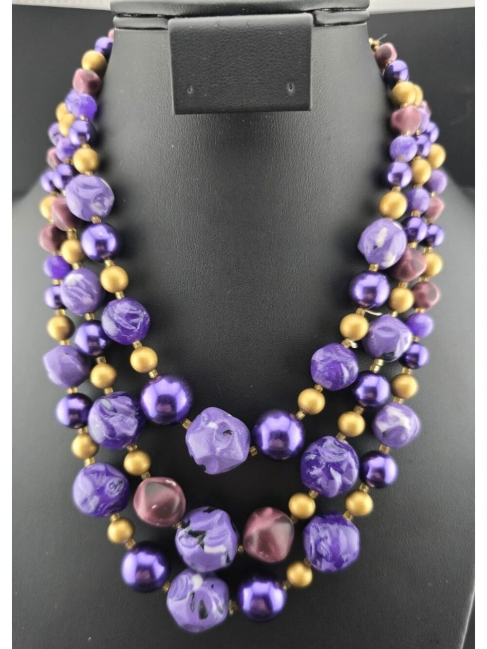 Vintage Multi Strand Purple Gold Plum Beaded Necklace Japan